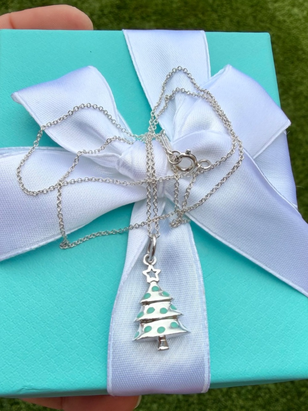 RARE Tiffany & Co Blue Enamel Christmas Tree Charm Silver Necklace